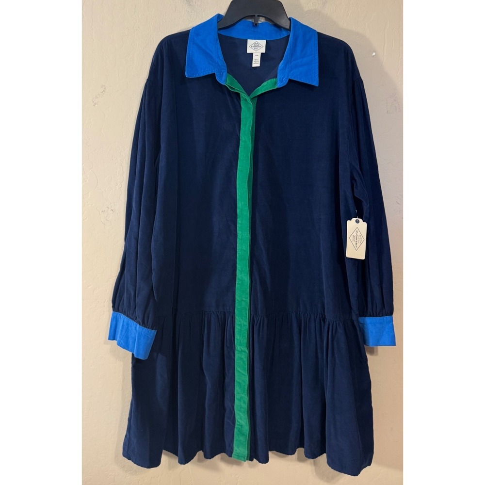 St. John's Bay Shirt Dress Women XXL Navy Colorblock Corduroy Drop Waist NEW
